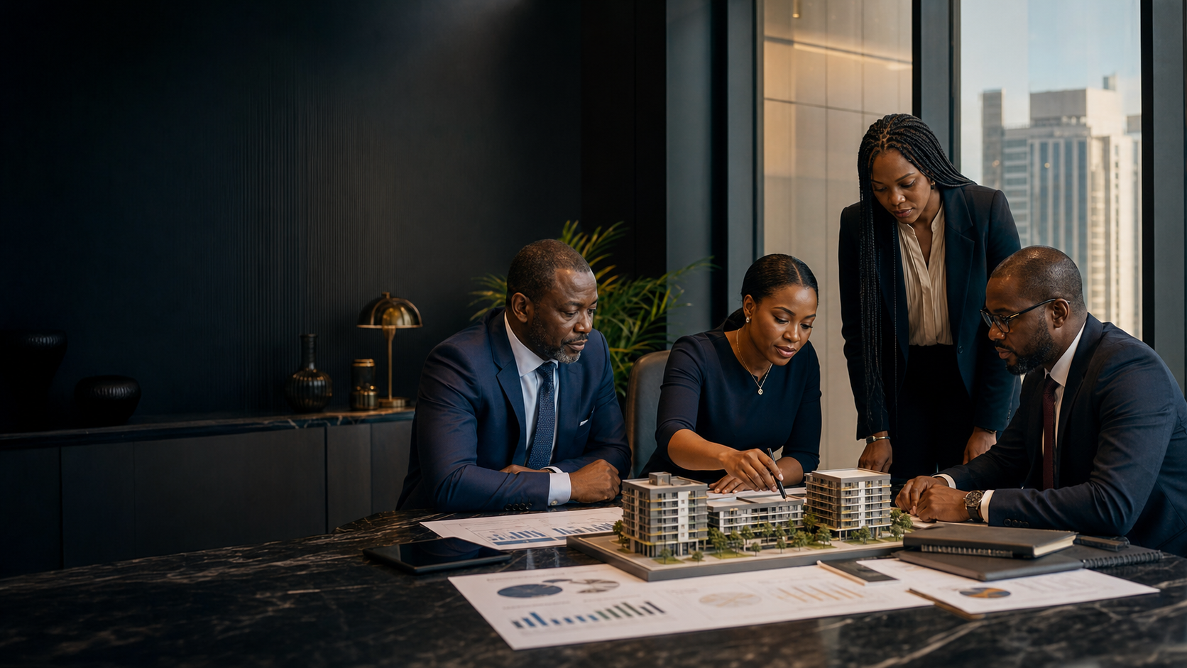 Business leaders reviewing strategy, analytics and property development plans